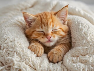 Cute Ginger Kitten Sleeping in a Fluffy Blanket