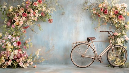 Obraz premium A wall with flowers and a vintage bicycle backdrop for photography, in pastel colors.