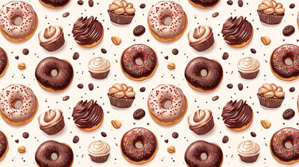 Colorful seamless pattern featuring a box of sweets with donuts and chocolate cupcakes ideal for packaging design and culinary art decor