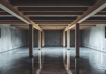 Wooden frame of an unfinished basement with a cement floor and ceiling. New construction home interior.