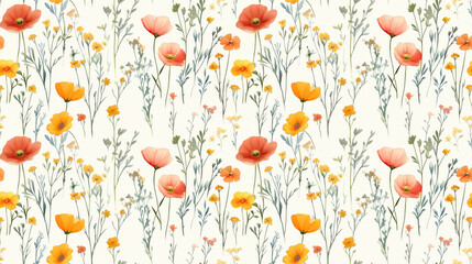 Fototapeta premium Cute feminine watercolor seamless pattern featuring hand drawn wildflowers ideal for fabric design and stationery