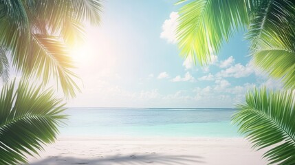 Obraz premium Exotic tropical beach paradise, relaxing palm trees, white sand, and crystalclear turquoise water under a sunny sky