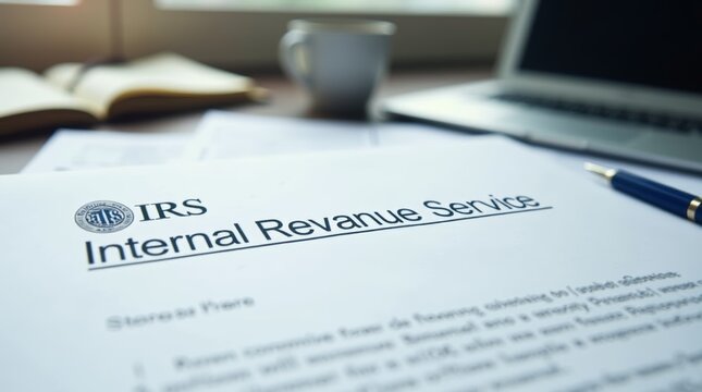 Close-up of an official IRS letter on a desk, focus on the header with "Internal Revenue Service," alongside a pen and documents, modern office setting, neutral lighting, clean and professional
