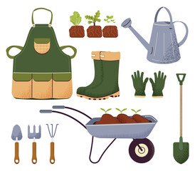 A spring set of gardening items. Tools for gardening. A rake, a shovel, an apron, rubber boots, a cart with seedlings for planting, a watering can, gloves. Vector illustration isolated. © Elena.K