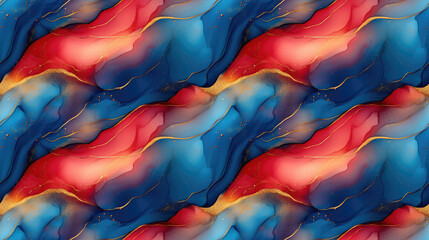 Obraz premium Seamless luxury abstract pattern featuring liquid art of blue and red alcohol ink mixed with golden paint evoking an elegant marble texture suitable for background design