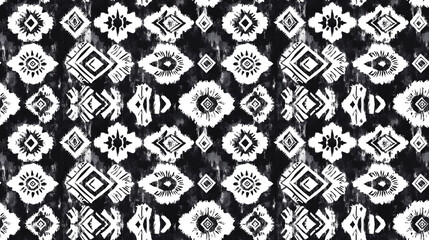 Seamless black and white ethnic fabric pattern featuring watercolor tie dye squares and vintage geometric ornaments ideal for wrapping paper and textile design