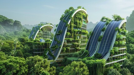 Fototapeta premium Futuristic eco-friendly skyscrapers integrated with nature, featuring greenery and solar panels, set against a lush mountainous landscape.
