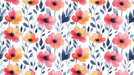Fototapeta premium Seamless pattern of vibrant watercolor flowers and delicate leaves on a clean white background perfect for fabric design and home decor