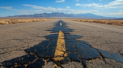 Deserted highway stretching into the horizon vast empty plains tumbleweeds blowing across the road cracked asphalt