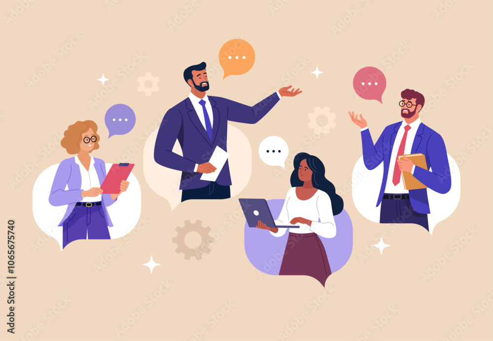 Poster business discussion concept. vector illustration in flat style of a group of people communicating to