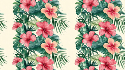 Watercolor tropical seamless pattern featuring modern summer jungle motifs with palm leaves and exotic botanical elements ideal for textile and fashion design
