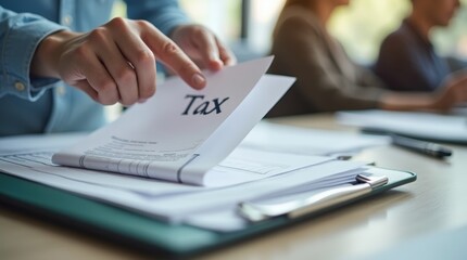 Fototapeta premium Person hand filing tax documents into a folder, focus on the documents labeled Tax Filing, modern office setting, soft natural lighting, clean and organized workspace