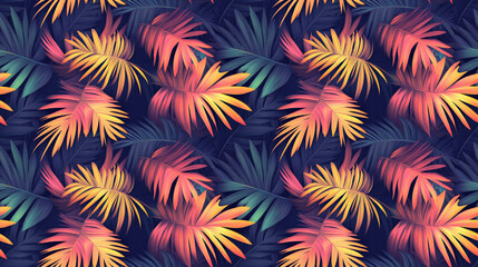 Vibrant seamless pattern of tropical palm leaves in lush colors ideal for interior design wallcoverings and fashion applications