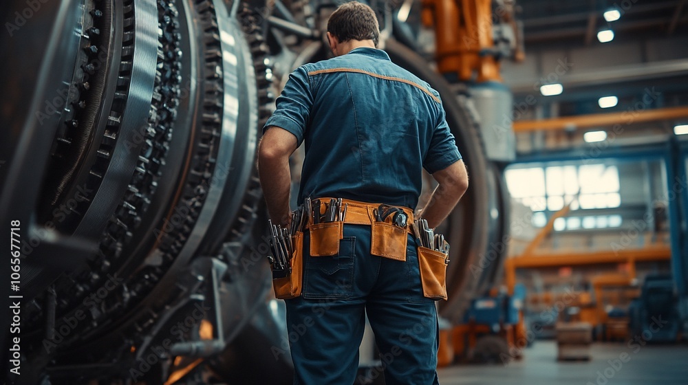 Poster a worker in a blue uniform stands in a factory, looking at a large piece of machinery.