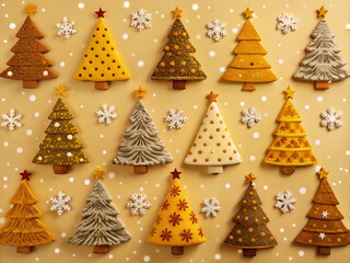 Obraz premium Golden christmas tree cookies decorated with snowflakes. 