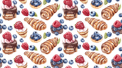 Watercolor seamless pattern of chocolate cookies eclairs croissants and blueberry cake with hand painted juicy berries on a white background for menu design and bistro decor