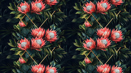 Seamless pattern featuring a diamond shaped gold frame adorned with vibrant protea flowers and tropical palm leaves elegant wedding bouquet design for invitations