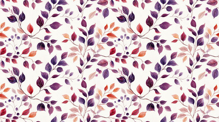Seamless hand drawn watercolor pattern featuring autumn botanical elements with purple leaves and herbs ideal for wedding invitations and greeting cards