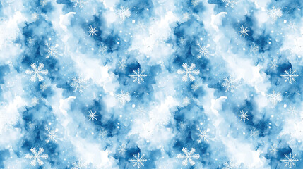 Fototapeta premium Seamless baby blue frosty pattern featuring delicate snowflakes and geometric watercolor splashes for stylish textiles and wallpapers