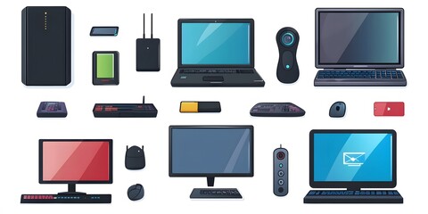 Set, Collection of Icons of Electronics, Electrical Products, Computers, Home Appliances, Colorful, on White Background, 9:16 and 16:9 Format
