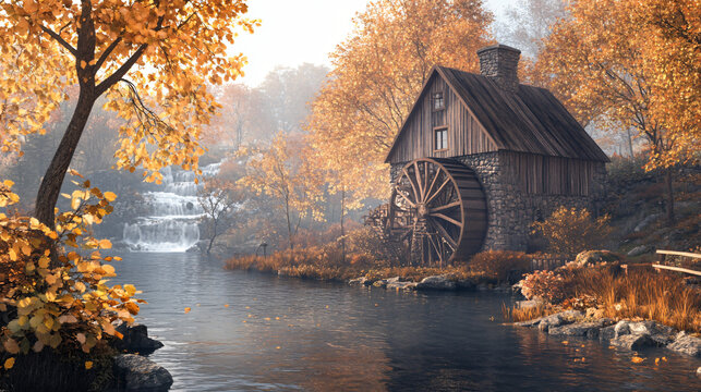 An old-fashioned gristmill by a serene river, decorated for a festive Thanksgiving celebration.