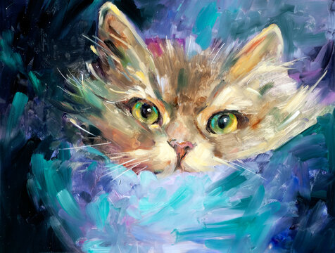 Dipinto astratto e con pennellata dense e corpose e colature e schizzi di occhi di gatto in primo piano	
