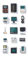 Fototapeta premium Set, Collection of Icons of Electronics, Electrical Products, Computers, Home Appliances, Colorful, on White Background, 9:16 and 16:9 Format