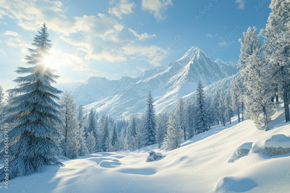 Wall mural winter snow covered fir trees on mountainside on blue sky with sun shine background winter