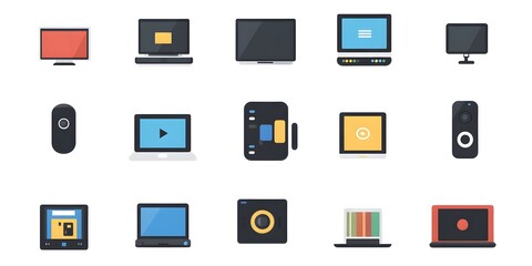 Set, Collection of Icons of Electronics, Electrical Products, Computers, Home Appliances, Colorful, on White Background, 9:16 and 16:9 Format