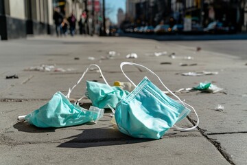 Discarded Face Masks Litter City Sidewalk: A Reminder of Pandemic's Environmental Impact