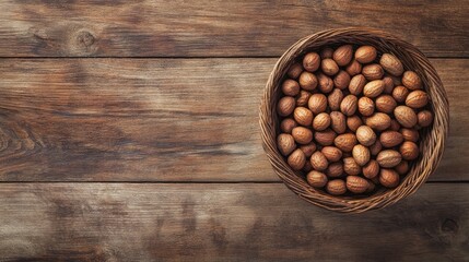 Naklejka premium Peanuts in a basket on a wooden background. 