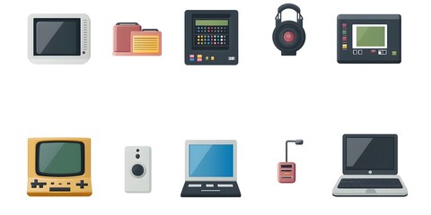 Set, Collection of Icons of Electronics, Electrical Products, Computers, Home Appliances, Colorful, on White Background, 9:16 and 16:9 Format