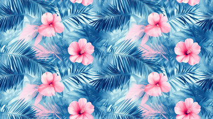 Naklejka premium Vibrant abstract watercolor pattern featuring palm leaves and roses ideal for Hawaiian swimwear designs tropical elegance seamless fabric print