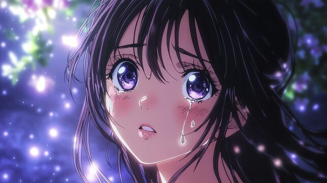 A beautiful anime girl with tearfilled eyes, gazing at the stars with a hopeful expression