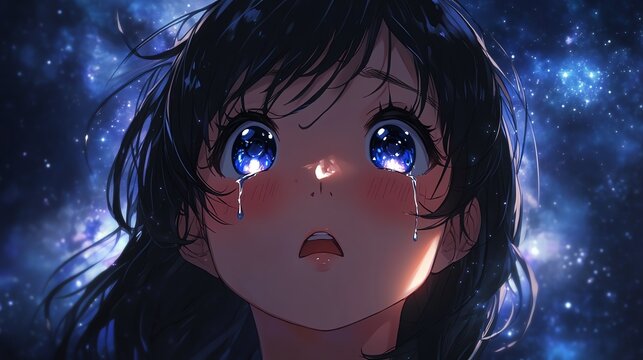 A beautiful anime girl with tearfilled eyes, gazing at the stars with a hopeful expression