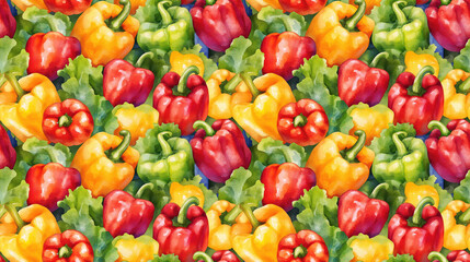 Seamless watercolor pattern featuring vibrant peppers and assorted vegetables ideal for fabric design and home decor