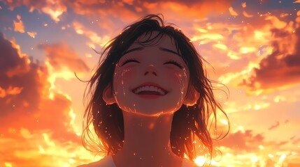 An anime girl crying happily, with tears streaming down her face, against a sunset sky