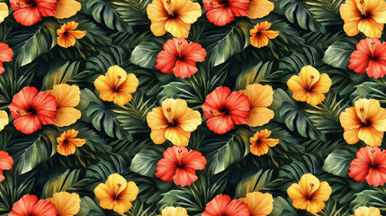 Seamless watercolor pattern featuring red and yellow hibiscus flowers with lush tropical leaves ideal for wedding invitations and greeting cards summer theme