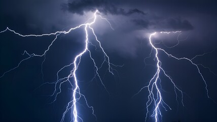 Lightning bolts and electric thunder on a dark background represent a powerful natural energy notion.
