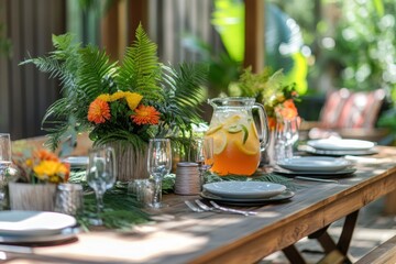 outdoor entertaining, a charming outdoor decor a wooden table set for guests with brazilian lemonade and vibrant summer flowers, perfect for hosting