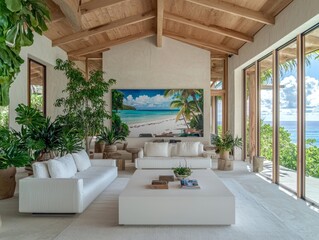 Naklejka premium Luxurious Coastal Living Room with Ocean View and Tropical Elements - Spacious White Sofa, Serene Ambiance