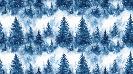 Obraz premium Winter landscape watercolor illustration featuring snow covered spruce trees in a seamless pattern