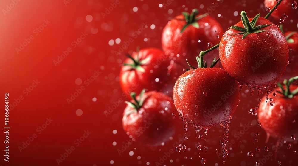 Poster red tomatoes with water droplets and splash on red background