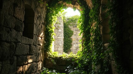 Ancient castle ruins with overgrown vines and ivy, showing the passage of time on historical architecture in a mystical setting.