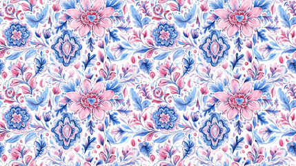 Watercolor ornate floral ethnic pattern in pink and blue hues ideal for invitations and fabric designs