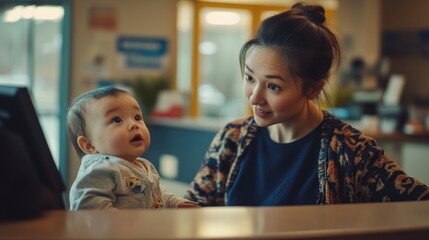 A woman interacts with a baby at a reception desk, showcasing a warm, engaging moment.