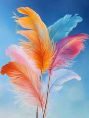 Naklejka premium A cluster of vibrant feathers in shades of pink, blue, orange, and white against a soft blue sky, symbolizing lightness, freedom, beauty, delicate nature and hope.