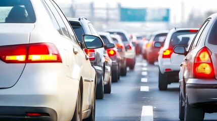 Toxic Traffic Jam: air pollution. A congested highway during rush hour, tailpipes emitting exhaust fumes. The red brake lights pierce through the haze. Ideal for illustrating vehicular pollution. 