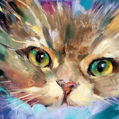 Dipinto astratto e con pennellata dense e corpose e colature e schizzi di occhi di gatto in primo piano  © Ilarialapreziosa