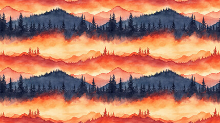 Watercolor mountain landscape pattern featuring silhouetted red trees under an orange sunset sky ideal for postcards and posters wilderness nature design